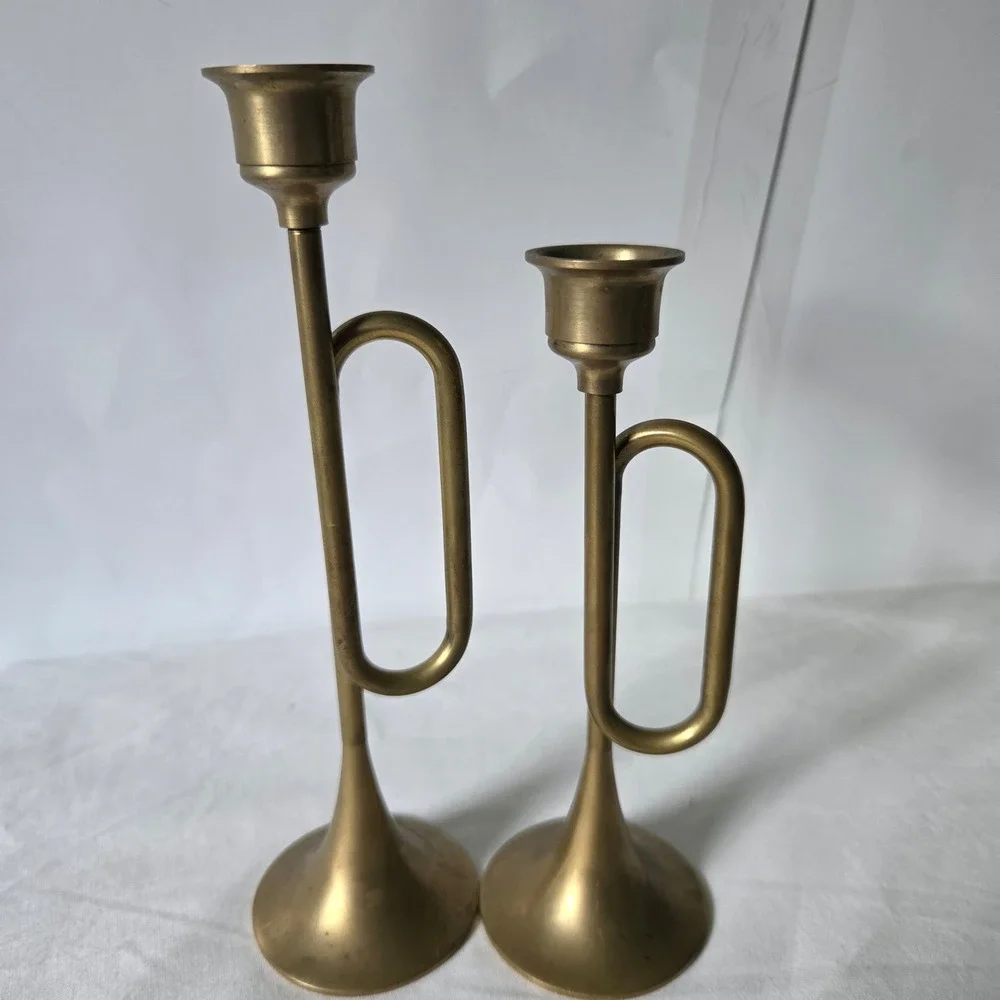 Vintage Brass Trumpet Horn Candlestick Holders Set of 2 Musical Decor Taper